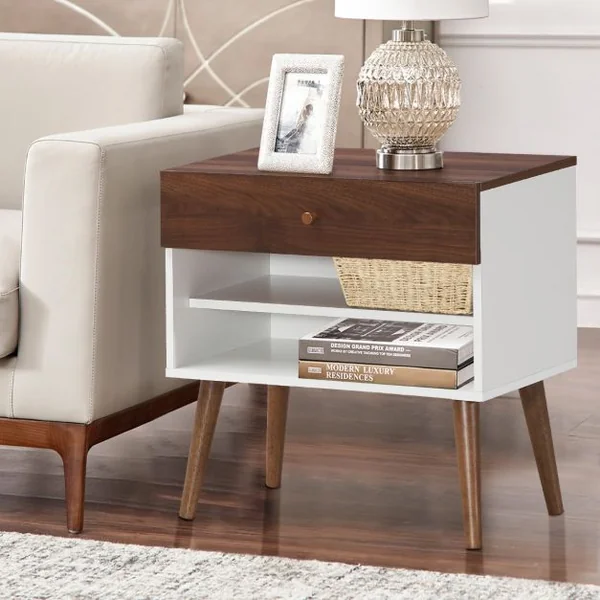 Table de Chevet Scandinave 1 Tiroir et Étagères de Rangement Pieds en Bois d'Hévéa pour Couloir Chambre Salon 60x38x60cm