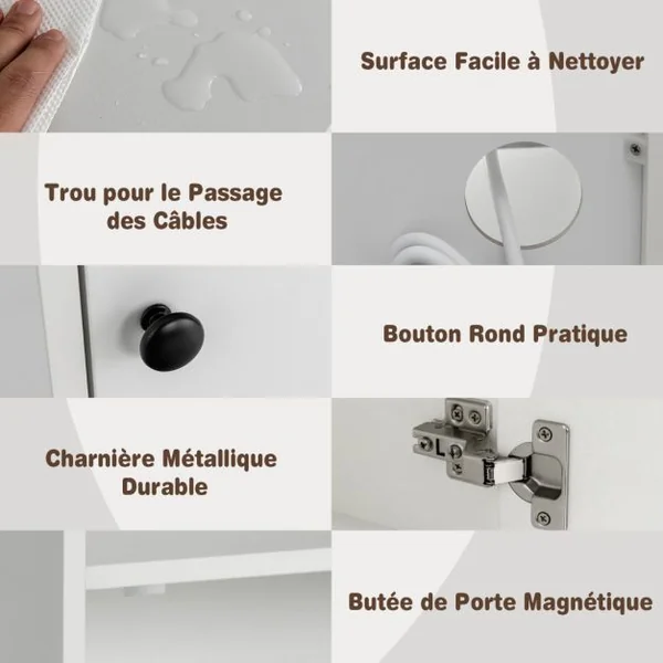 Table de Chevet Station de Charge Table de Nuit avec 5 Étagères et Armoire 2 Prises & 2 Ports USB Bibliothèque pour Chambre Salon Blanc