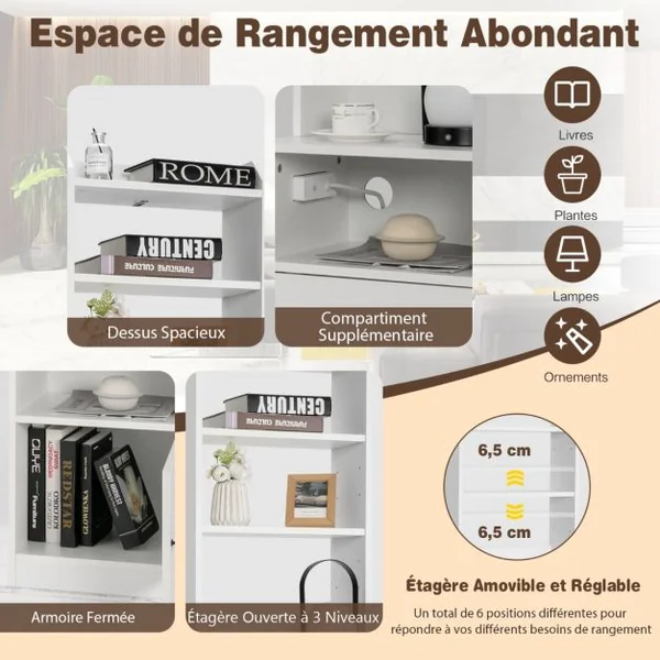 Table de Chevet Station de Charge Table de Nuit avec 5 Étagères et Armoire 2 Prises & 2 Ports USB Bibliothèque pour Chambre Salon Blanc