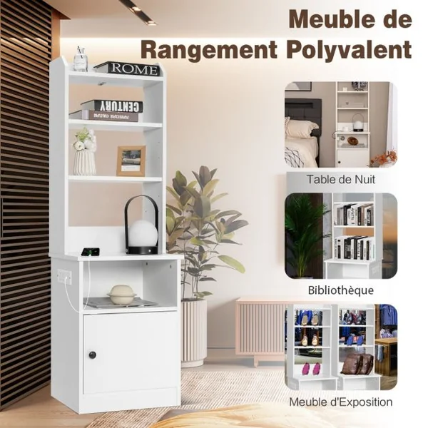 Table de Chevet Station de Charge Table de Nuit avec 5 Étagères et Armoire 2 Prises & 2 Ports USB Bibliothèque pour Chambre Salon Blanc