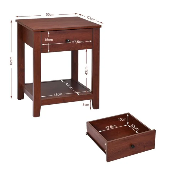 Table de Chevet Table d’AppointBout de Canapé en Bois avec Tiroir Poignée pour Chambre Salon Bureau 50 x 42 x 62CM Brun Foncé