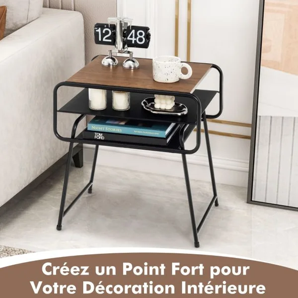 Table de Chevet Table de Nuit 3 Etagère 50 x 40 x 55 cm (L x l x H) Style Industrielle Cadre en Métal Robuste Marron + Noir