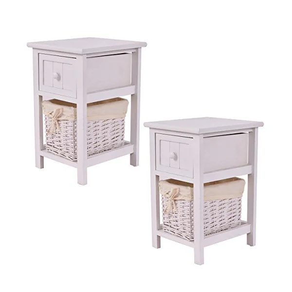 Table de Chevet Table de Nuit avec 1 Tiroir et 1 Panier en Bois de Sycamore Panier en Osier, 28 x 31 x 45 cm, Blanc