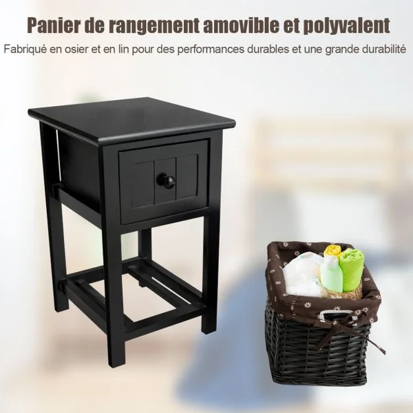 Table de Chevet Table de Nuit avec 1 Tiroir et 1 Panier en Bois de Sycamore Panier en Osier, 28 x 31 x 45 cm, Blanc