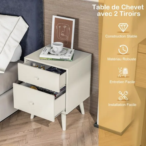 Table de Chevet Table de Nuit à 2 Tiroirs en Bois d’Hévéa Massif de Style Moderne 45 x 40 x 62 CM Naturel/Café/Blanc/Noir