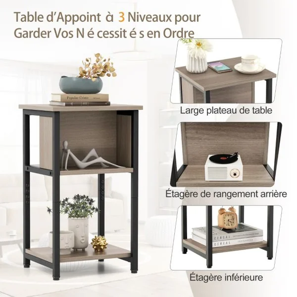 Table de Chevet Table à 3 Niveaux d’Appoint avec Étagères de Rangement Table de Nuit Étroite Gris