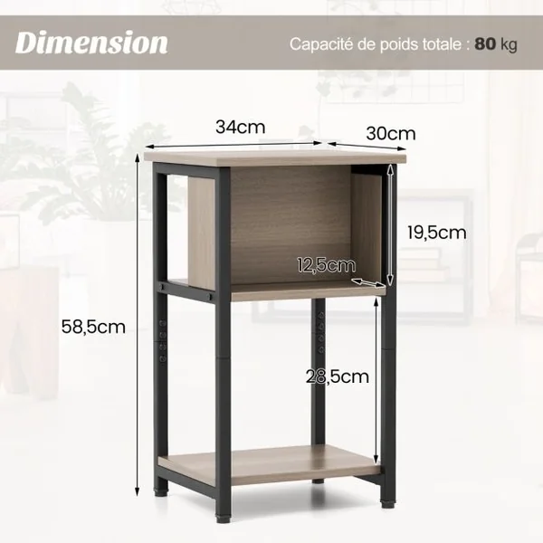 Table de Chevet Table à 3 Niveaux d’Appoint avec Étagères de Rangement Table de Nuit Étroite Gris