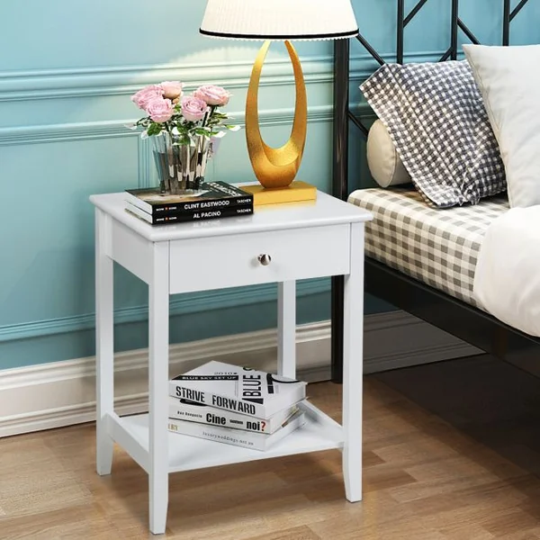 Table de Chevet à 2 Niveaux avec 1 Tiroir Table d'Appoint de Style Moderne Blanc