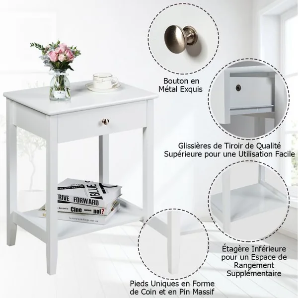 Table de Chevet à 2 Niveaux avec 1 Tiroir Table d'Appoint de Style Moderne Blanc