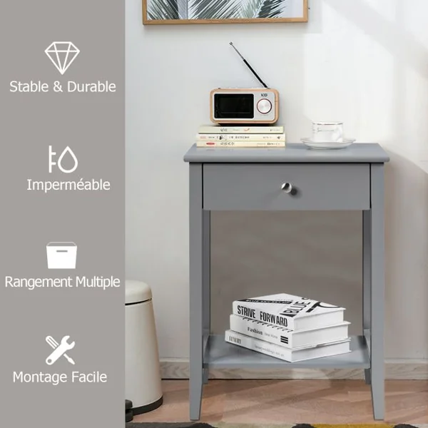 Table de Chevet à 2 Niveaux avec 1 Tiroir Table d'Appoint de Style Moderne Girs