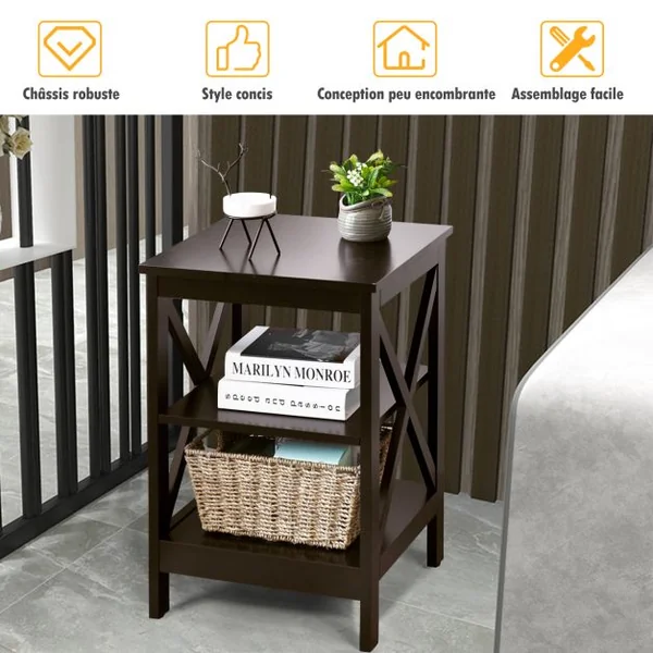 Table de Chevet à 3 Niveaux Table d'Appoint en forme X Simple et Contemporain 40x40x61cm Nior