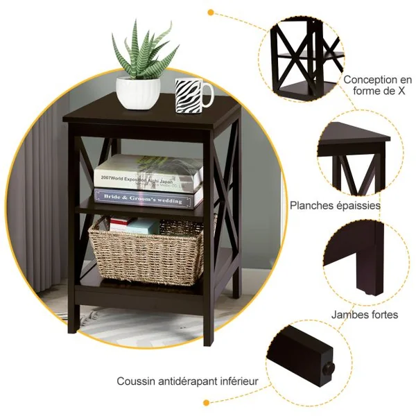 Table de Chevet à 3 Niveaux Table d'Appoint en forme X Simple et Contemporain 40x40x61cm Nior
