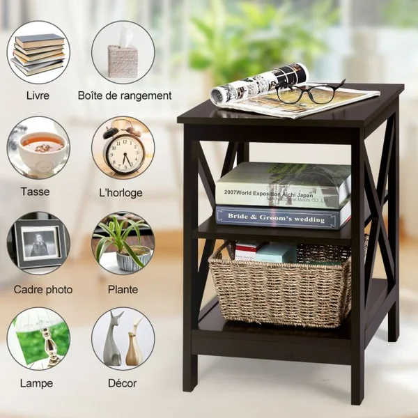 Table de Chevet à 3 Niveaux Table d'Appoint en forme X Simple et Contemporain 40x40x61cm Nior