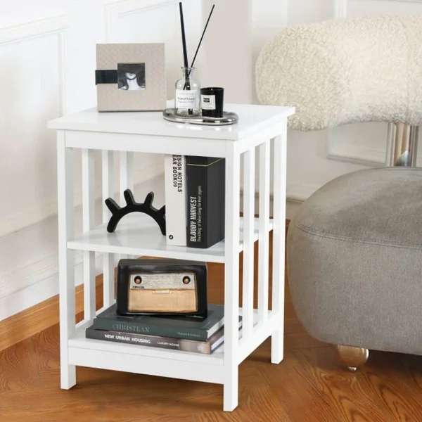 Table de Chevet à 3 Niveaux Table de Nuit de Style Moderne Table d’Appoint pour Chambre Salon Bureau Blanche