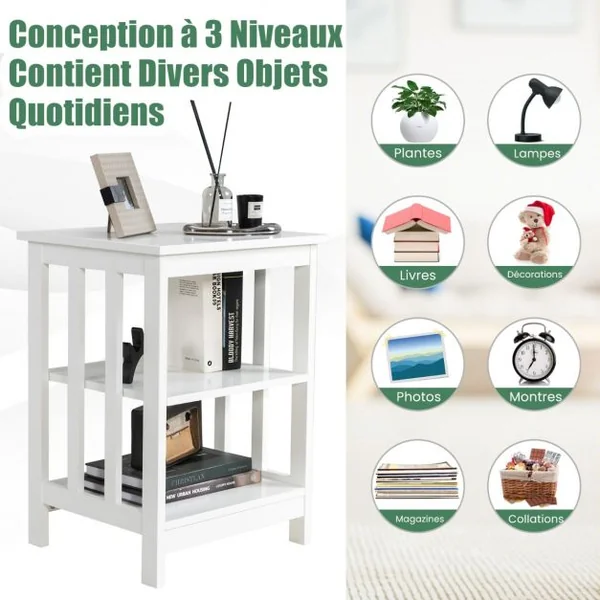 Table de Chevet à 3 Niveaux Table de Nuit de Style Moderne Table d’Appoint pour Chambre Salon Bureau Blanche