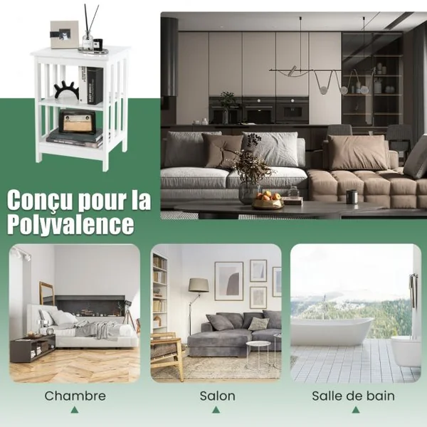 Table de Chevet à 3 Niveaux Table de Nuit de Style Moderne Table d’Appoint pour Chambre Salon Bureau Blanche