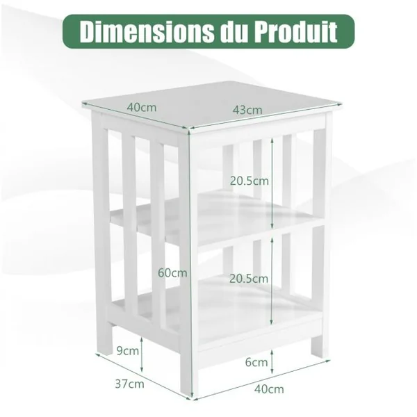 Table de Chevet à 3 Niveaux Table de Nuit de Style Moderne Table d’Appoint pour Chambre Salon Bureau Blanche
