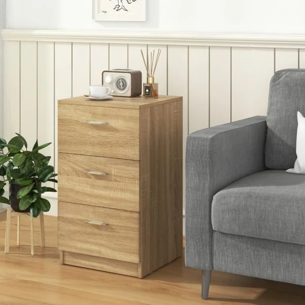 Table de Chevet à 3 Tiroirs de Rangement Caisson de Rangement Support d’Imprimante en MDF 35x38x67cm Naturel