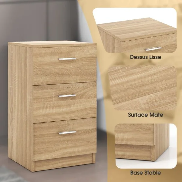 Table de Chevet à 3 Tiroirs de Rangement Caisson de Rangement Support d’Imprimante en MDF 35x38x67cm Naturel