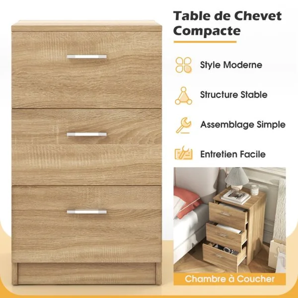 Table de Chevet à 3 Tiroirs de Rangement Caisson de Rangement Support d’Imprimante en MDF 35x38x67cm Naturel