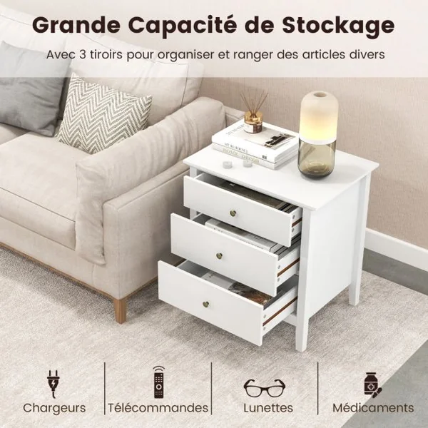 Table de Chevet à 3 Tiroirs Table de Chevet en Bois avec Rangement Table d'Appoint Moderne avec Finition Noir/Blanc