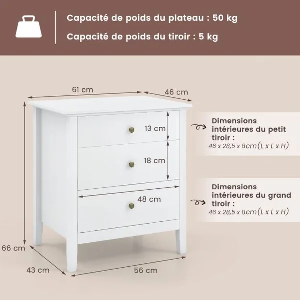 Table de Chevet à 3 Tiroirs Table de Chevet en Bois avec Rangement Table d'Appoint Moderne avec Finition Noir/Blanc