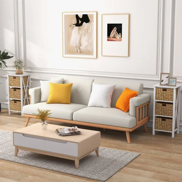 Table de Chevet/Lot de 2 Tables de Chevet 4 Niveaux avec 3 Paniers en Herbe Marine Table d'Appoint Étroite Au Design X avec Pieds Blanc