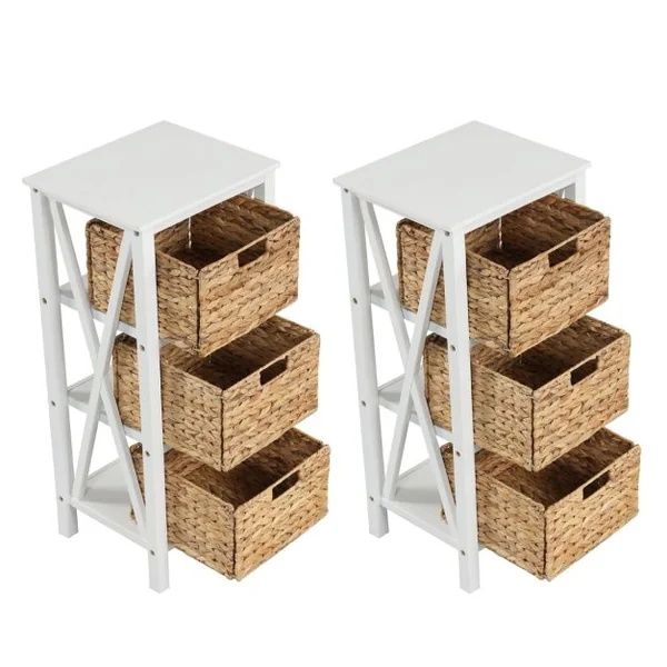 Table de Chevet/Lot de 2 Tables de Chevet 4 Niveaux avec 3 Paniers en Herbe Marine Table d'Appoint Étroite Au Design X avec Pieds Blanc