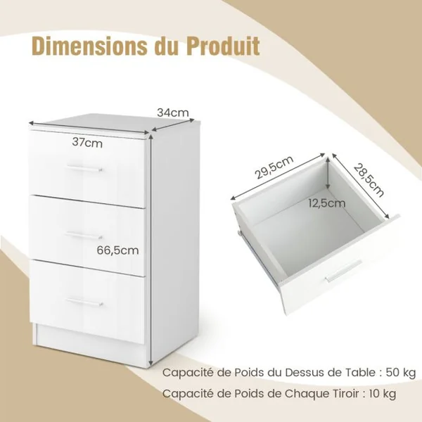 Table de Chevet/Lot de 2 Tables de Chevet Meuble de Rangement avec 3 Tiroirs Caisson de Bureau Blanc/Noir/Gris