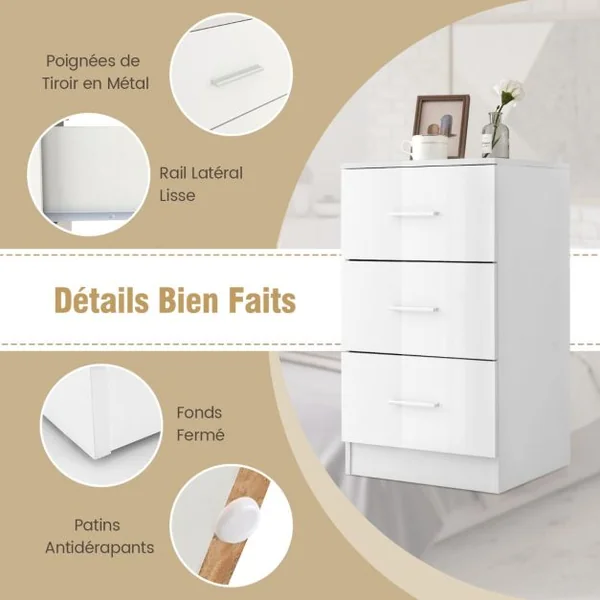 Table de Chevet/Lot de 2 Tables de Chevet Meuble de Rangement avec 3 Tiroirs Caisson de Bureau Blanc/Noir/Gris