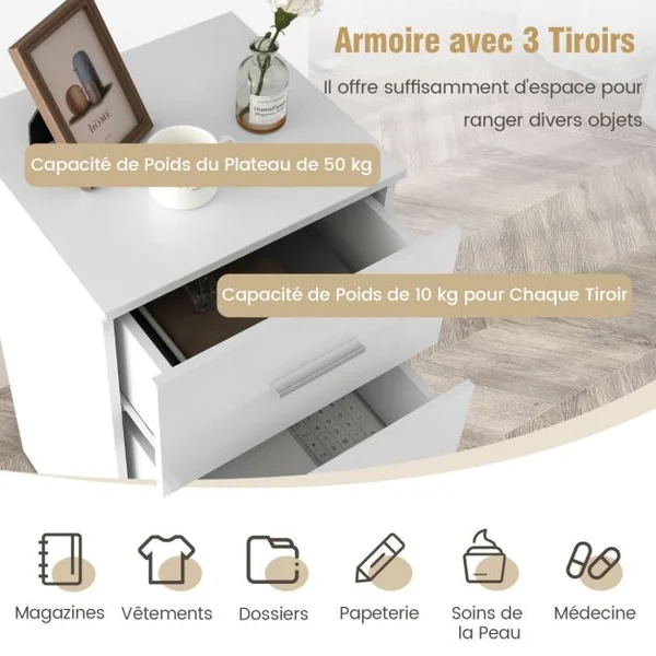 Table de Chevet/Lot de 2 Tables de Chevet Meuble de Rangement avec 3 Tiroirs Caisson de Bureau Blanc/Noir/Gris