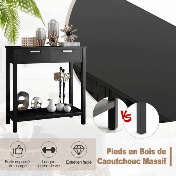 Table de Console avec 2 Tiroirs Table d’Appoint avec Pieds en Bois d’Acacia Noir