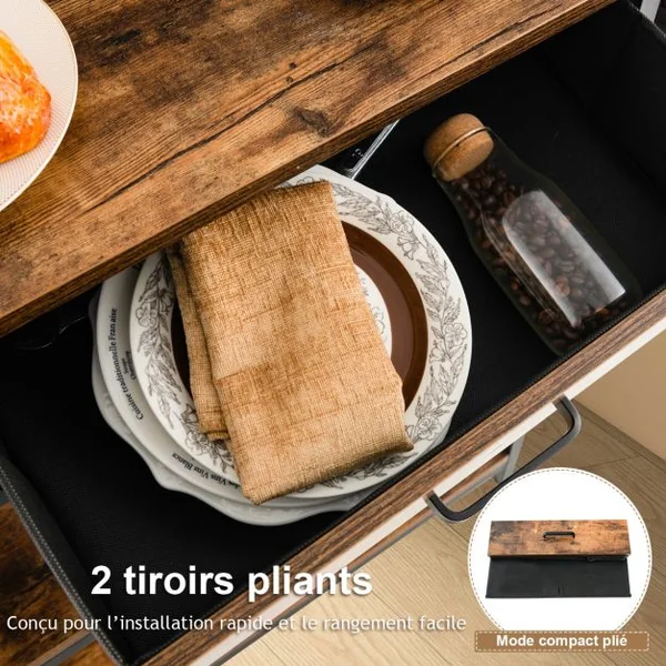 Table de Console Industrielle 3 Niveaux 2 Tiroirs 100 x 30 x 80cm Cadre en Métal Marron Rustique