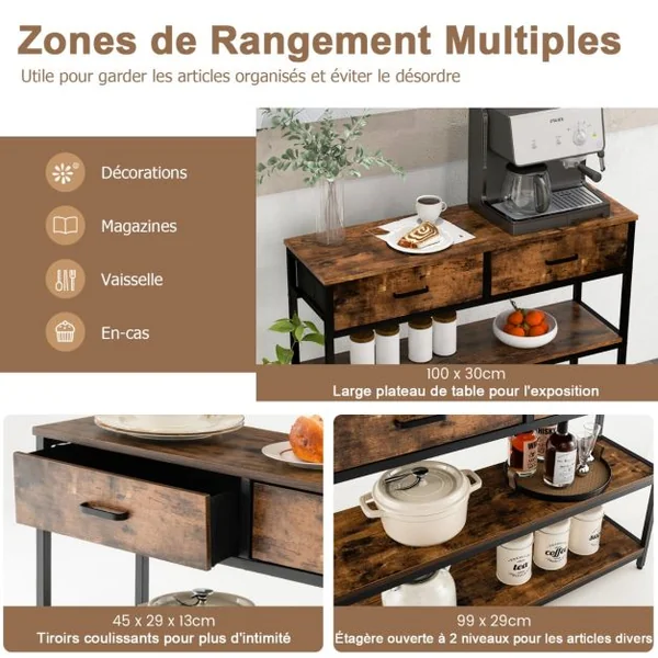 Table de Console Industrielle 3 Niveaux 2 Tiroirs 100 x 30 x 80cm Cadre en Métal Marron Rustique