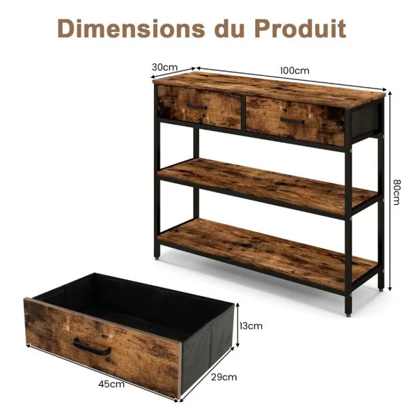 Table de Console Industrielle 3 Niveaux 2 Tiroirs 100 x 30 x 80cm Cadre en Métal Marron Rustique
