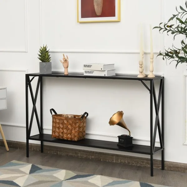 Table de Console Industrielle à 2 Étagères Console Meuble Entrée avec Structure Latérale en X en Fer avec Dispositif Anti-basculement Marron