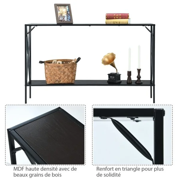 Table de Console Industrielle à 2 Étagères Console Meuble Entrée avec Structure Latérale en X en Fer avec Dispositif Anti-basculement Marron