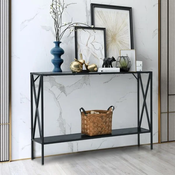 Table de Console Industrielle à 2 Étagères Console Meuble Entrée avec Structure Latérale en X en Fer avec Dispositif Anti-basculement Marron