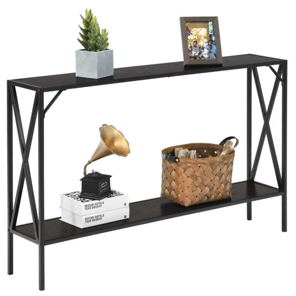 Table de Console Industrielle à 2 Étagères Console Meuble Entrée avec Structure Latérale en X en Fer avec Dispositif Anti-basculement Marron