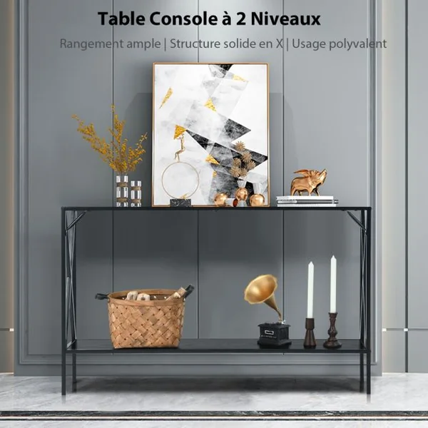 Table de Console Industrielle à 2 Étagères Console Meuble Entrée avec Structure Latérale en X en Fer avec Dispositif Anti-basculement Marron