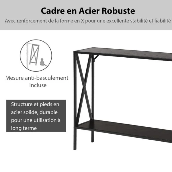 Table de Console Industrielle à 2 Étagères Console Meuble Entrée avec Structure Latérale en X en Fer avec Dispositif Anti-basculement Marron