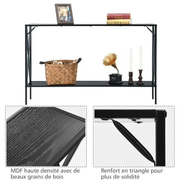 Table de Console Industrielle à 2 Étagères Console Meuble Entrée avec Structure Latérale en X en Fer avec Dispositif Anti-basculement Noir
