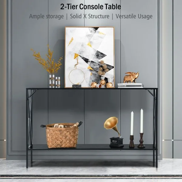 Table de Console Industrielle à 2 Étagères Console Meuble Entrée avec Structure Latérale en X en Fer avec Dispositif Anti-basculement Noir
