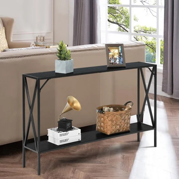 Table de Console Industrielle à 2 Étagères Console Meuble Entrée avec Structure Latérale en X en Fer avec Dispositif Anti-basculement Noir