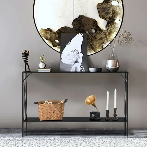 Table de Console Industrielle à 2 Étagères Console Meuble Entrée avec Structure Latérale en X en Fer avec Dispositif Anti-basculement Noir