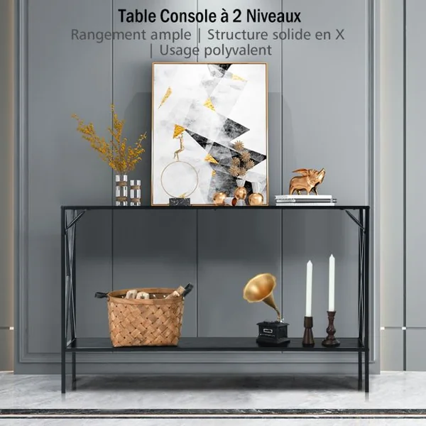 Table de Console Industrielle à 2 Étagères Console Meuble Entrée avec Structure Latérale en X en Fer avec Dispositif Anti-basculement Noir