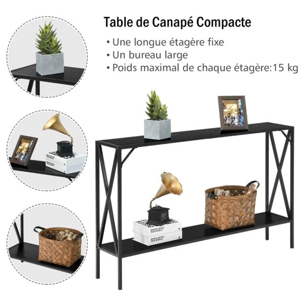 Table de Console Industrielle à 2 Étagères Console Meuble Entrée avec Structure Latérale en X en Fer avec Dispositif Anti-basculement Noir