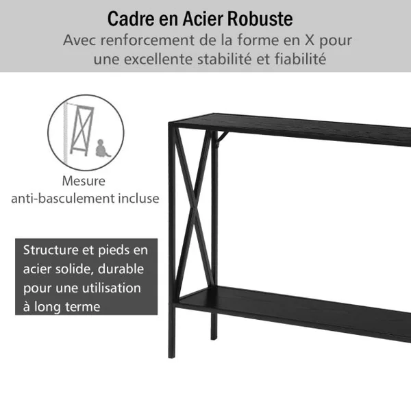 Table de Console Industrielle à 2 Étagères Console Meuble Entrée avec Structure Latérale en X en Fer avec Dispositif Anti-basculement Noir