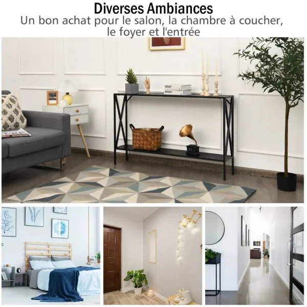 Table de Console Industrielle à 2 Étagères Console Meuble Entrée avec Structure Latérale en X en Fer avec Dispositif Anti-basculement Noir