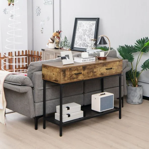 Table de Console à 2 Niveaux et 2 Tiroirs Style Industriel Table d'Entrée Cadre en Métal Panneaux Aspect Bois Vieilli Brun rustique